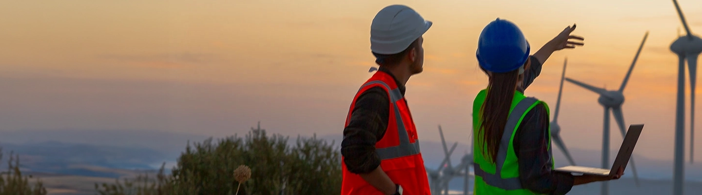 Renewable energy - two people examine wind turbines